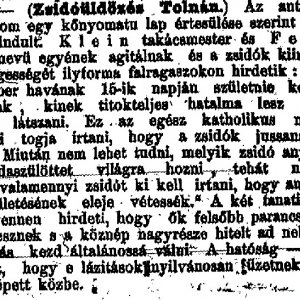 „Zsidóüldözés Tolnán.” (Forrás: Pesti Hírlap, 1881. 10. 13., 5. o.)
